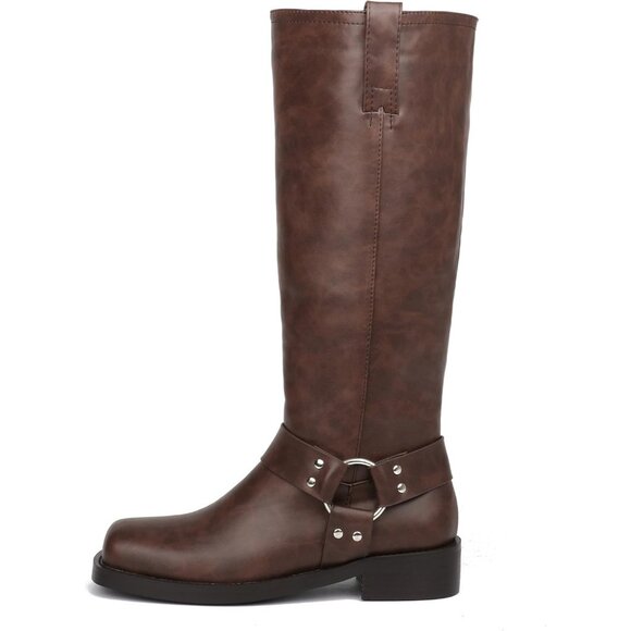 Caradise Women Brown Knee High Motorcycle Square Toe Pull On Comfort Flat Boots - Picture 1 of 7